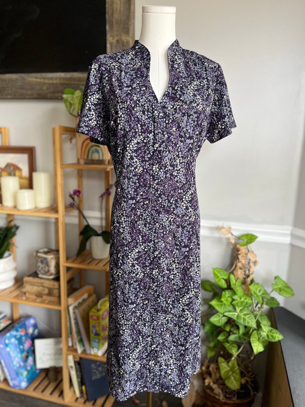 Vintage 90s Floral Maxi Dress Mandarin Collar Tie Back Size Medium